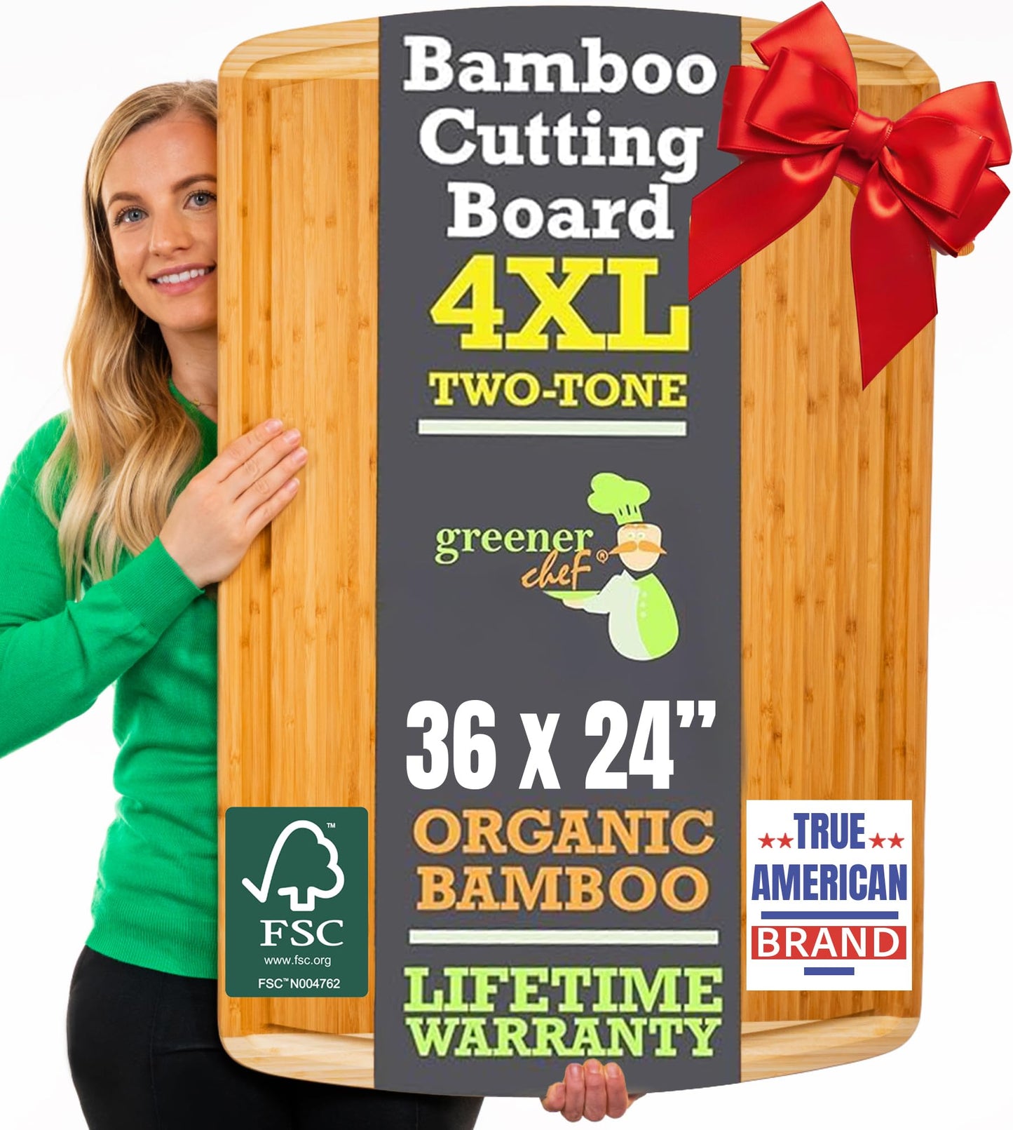 Woman holding a large bamboo cutting board with promotional text and logos.