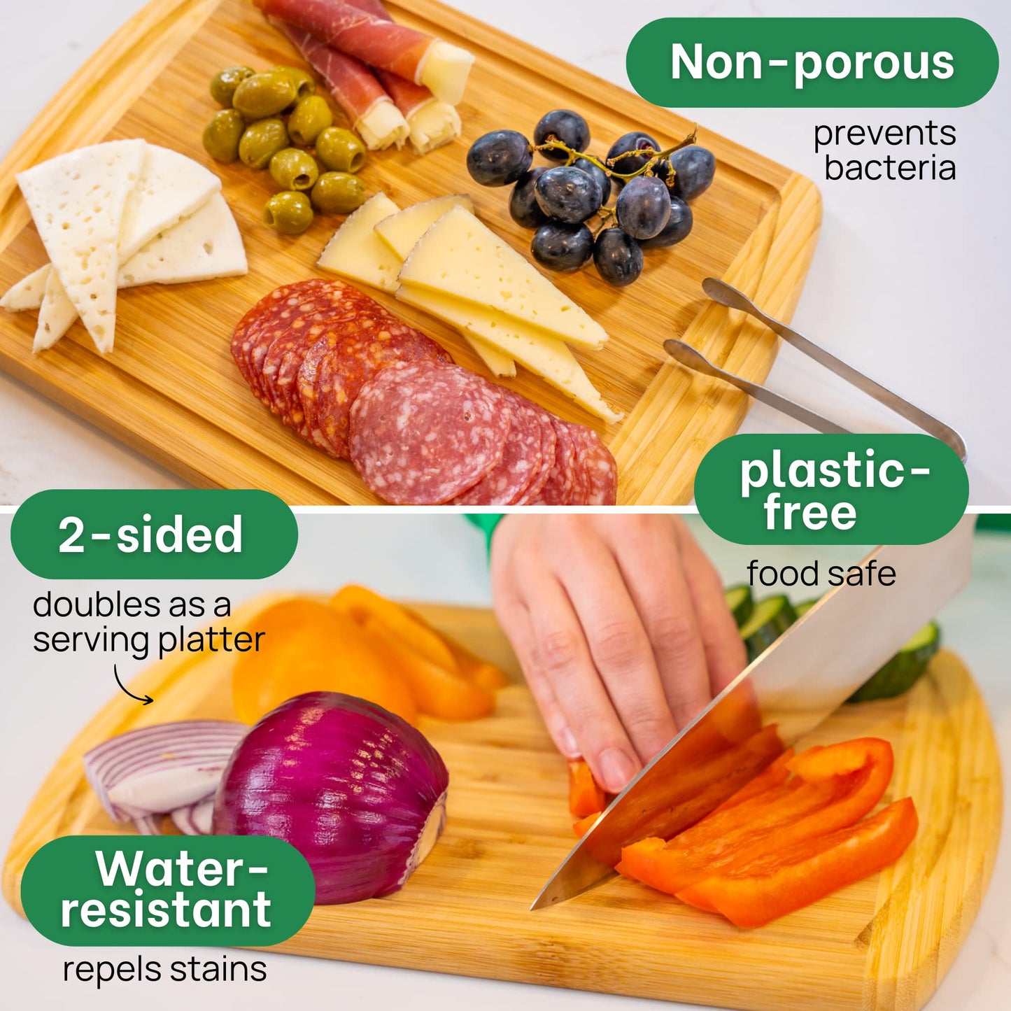 Wooden cutting board with food items and text highlighting features like non-porous, plastic-free, water-resistant, and 2-sided design.