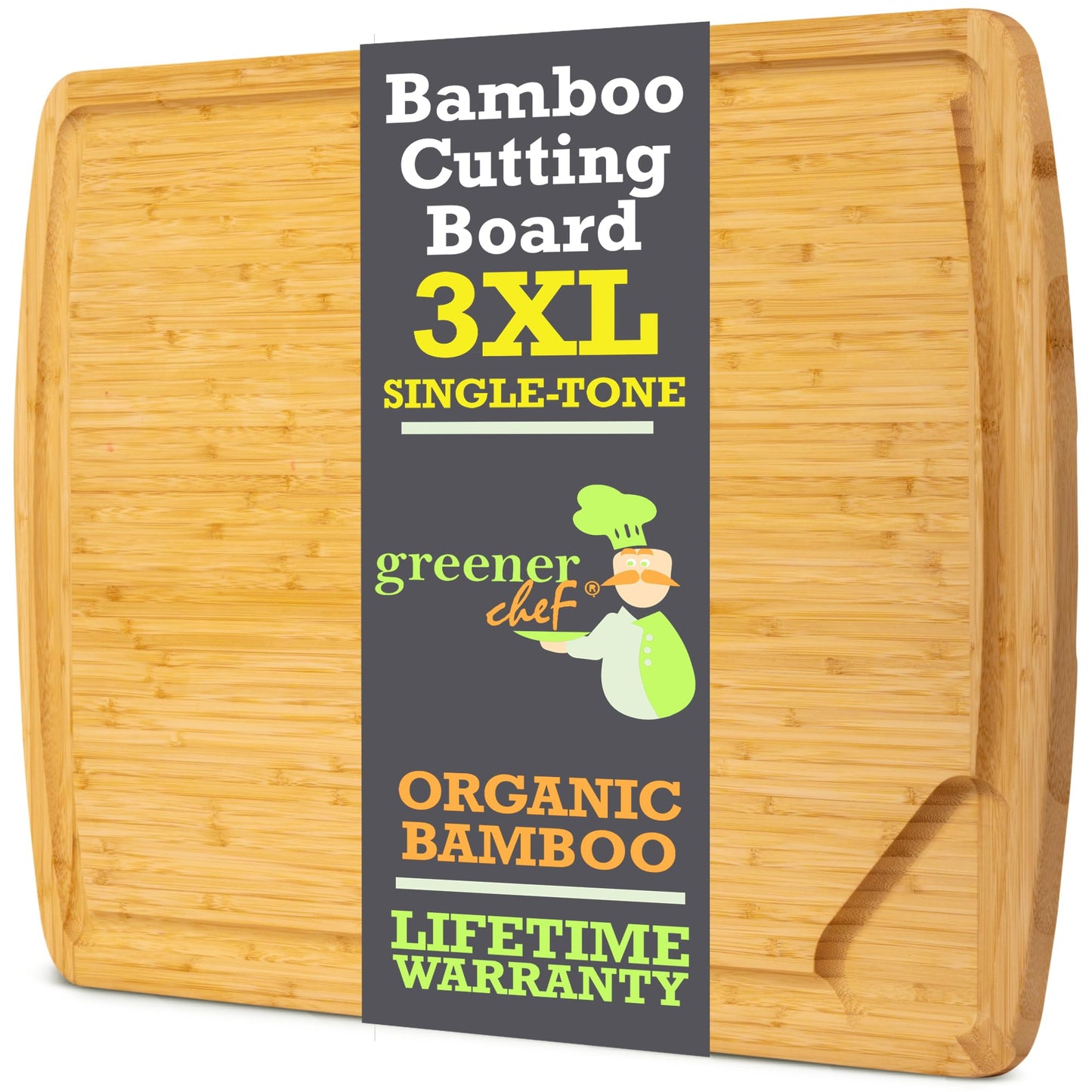 Bamboo cutting board with 'greener chef' label on a white background