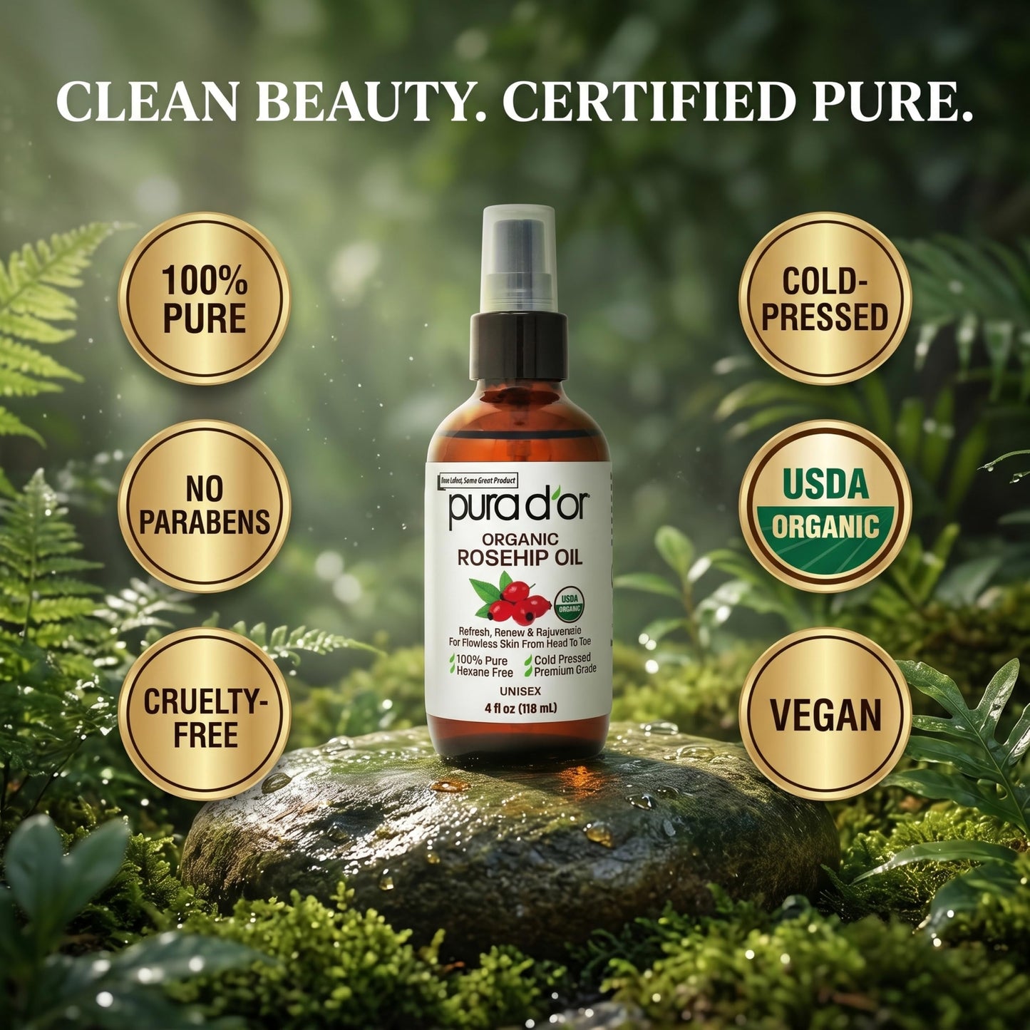 USDA Certified Organic Rosehip Seed Oil, 100% Pure Cold-Pressed – Pura D'or