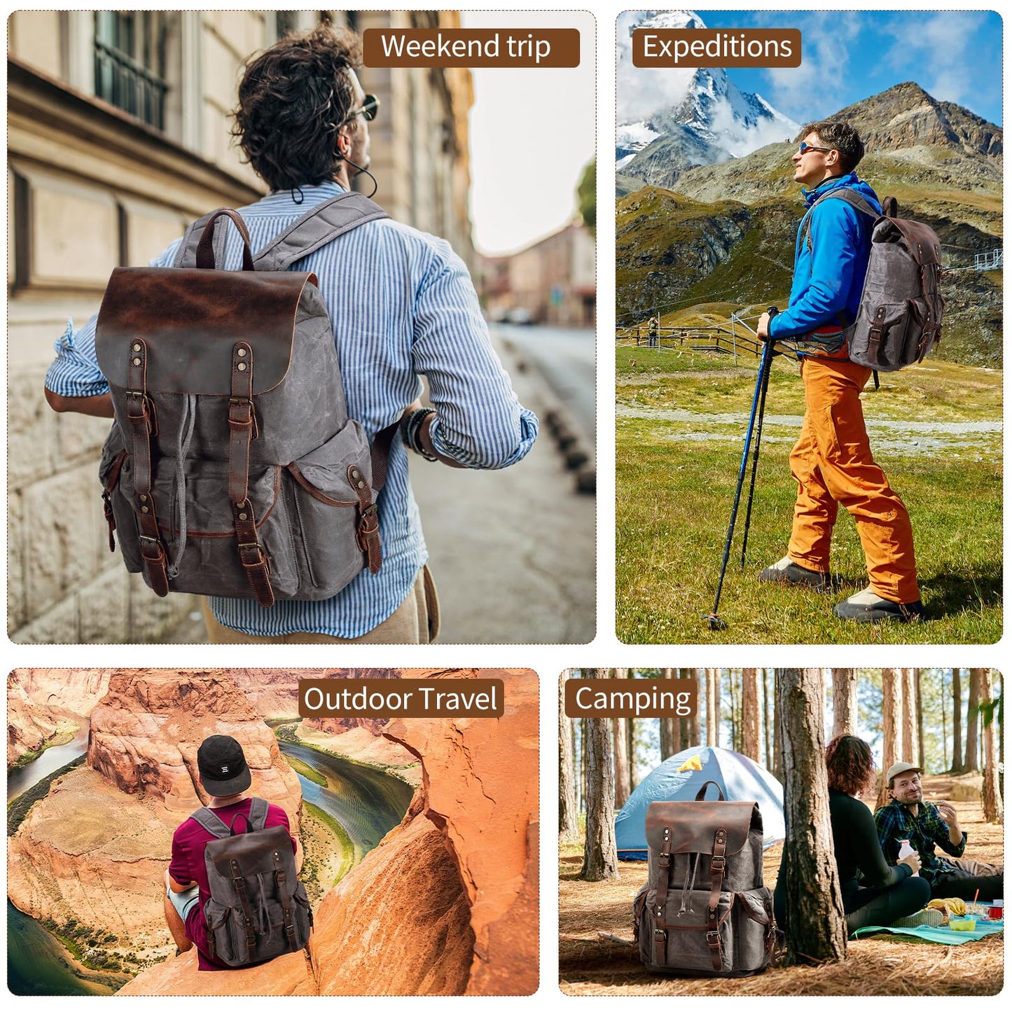 Wogarl Vintage Waxed Canvas & Genuine Crazy Horse Leather Backpack