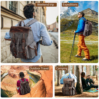 Wogarl Vintage Waxed Canvas & Genuine Crazy Horse Leather Backpack