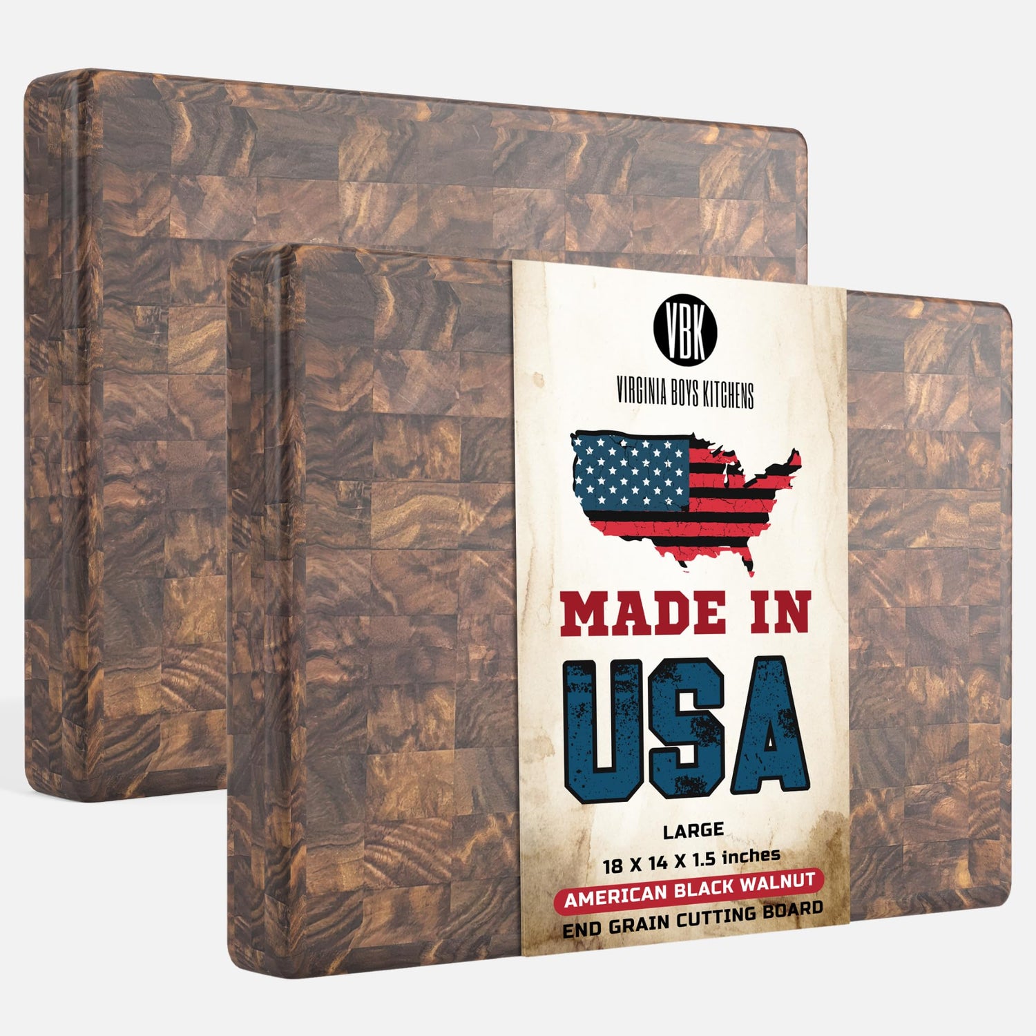 Wooden cutting board with 'Made in USA' label on a white background