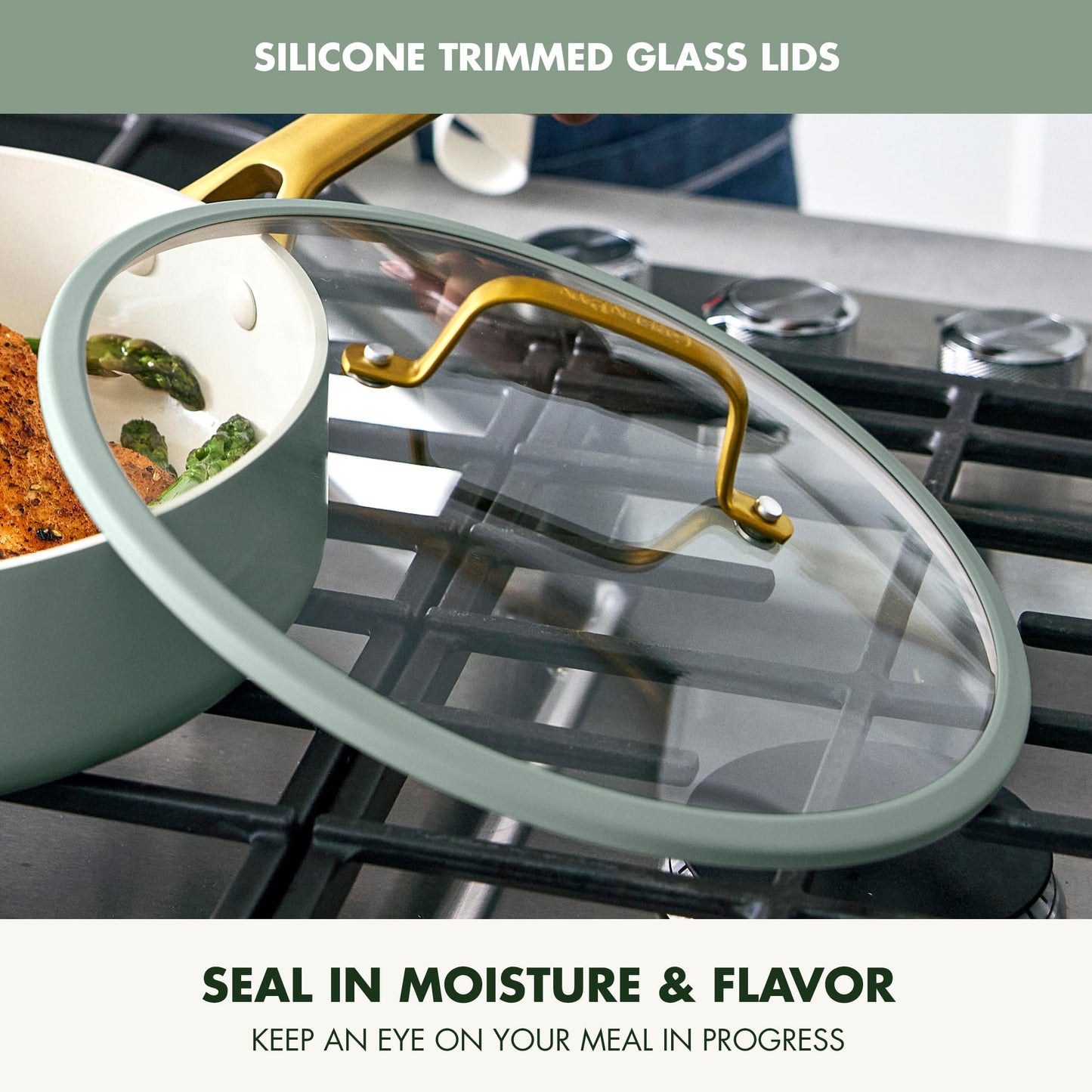 Glass lid with silicone trim on a pot on a stove, emphasizing moisture and flavor retention.