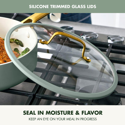 Glass lid with silicone trim on a pot on a stove, emphasizing moisture and flavor retention.