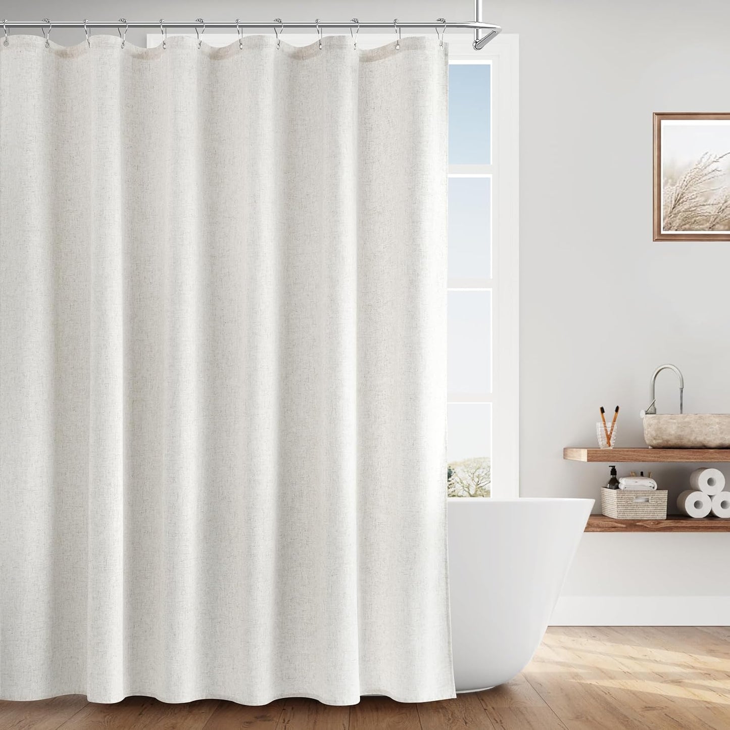 Naturoom Weighted Natural Flax Linen Shower Curtain Set