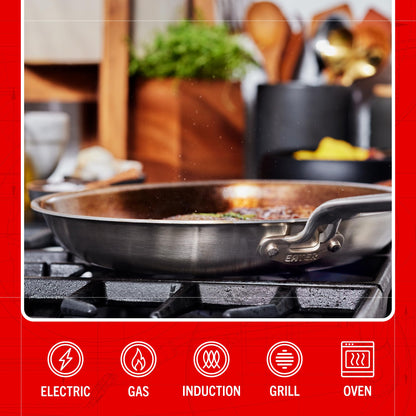 Stainless steel frying pan on a stove with cooking utensils in the background, featuring compatibility icons at the bottom.
