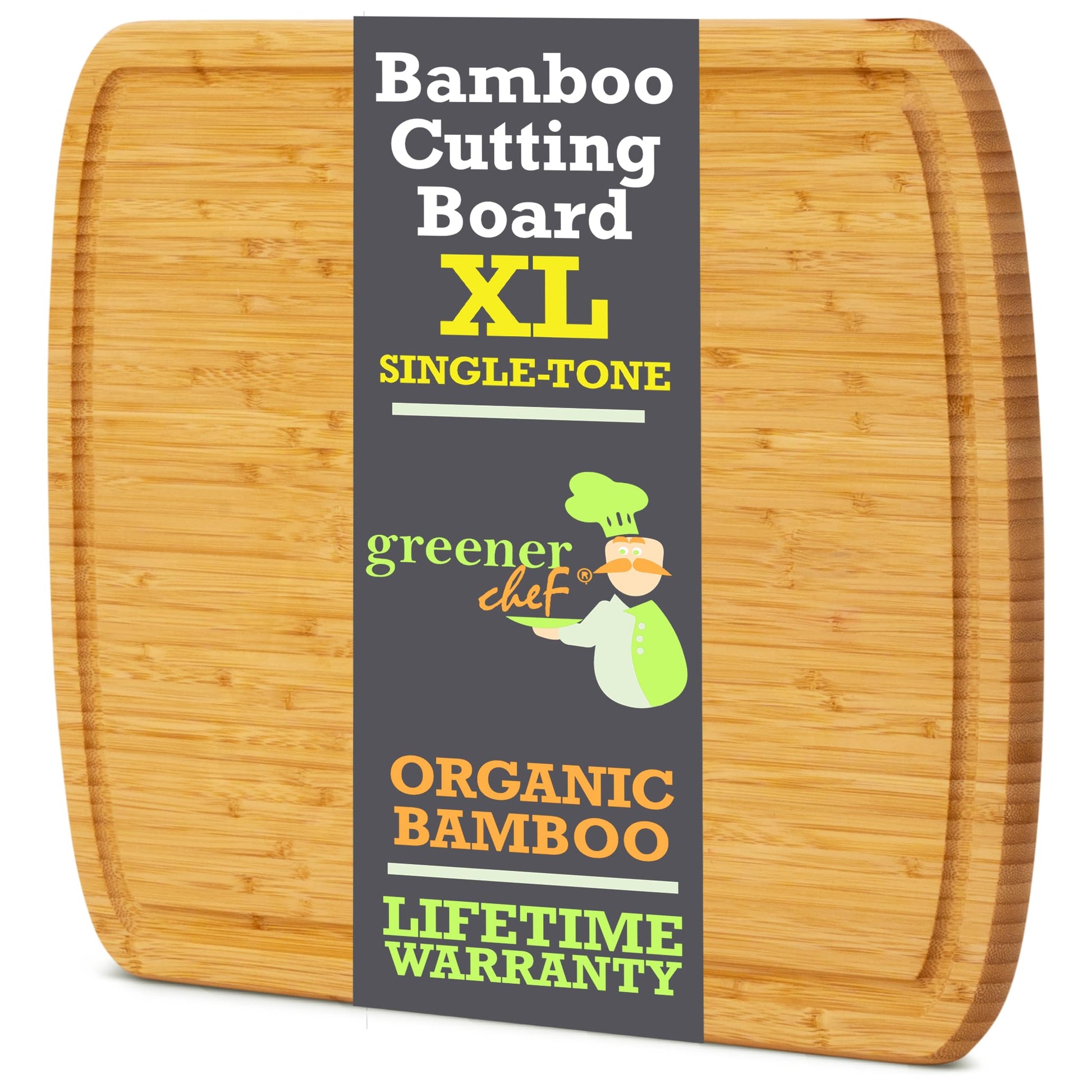 Bamboo cutting board with a label on a white background