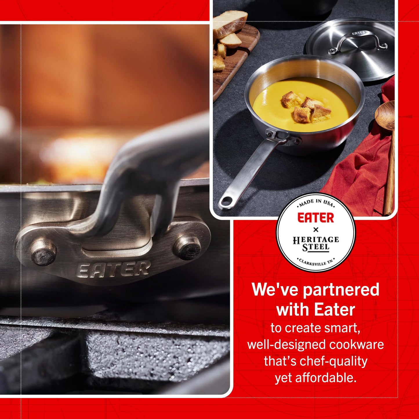 Collage of Sauté pan with Heritage Steel logo, food in a pan, and promotional text about partnership with Eater.