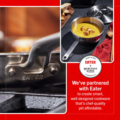 Collage of Sauté pan with Heritage Steel logo, food in a pan, and promotional text about partnership with Eater.