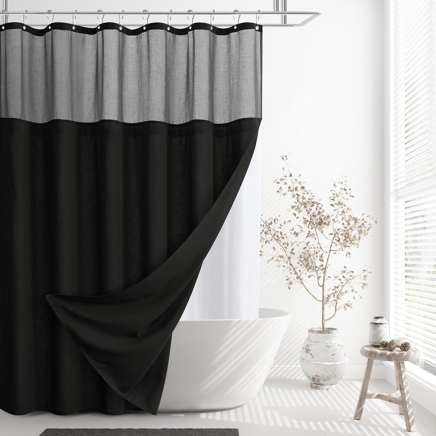 Naturoom Weighted Natural Flax Linen Shower Curtain Set