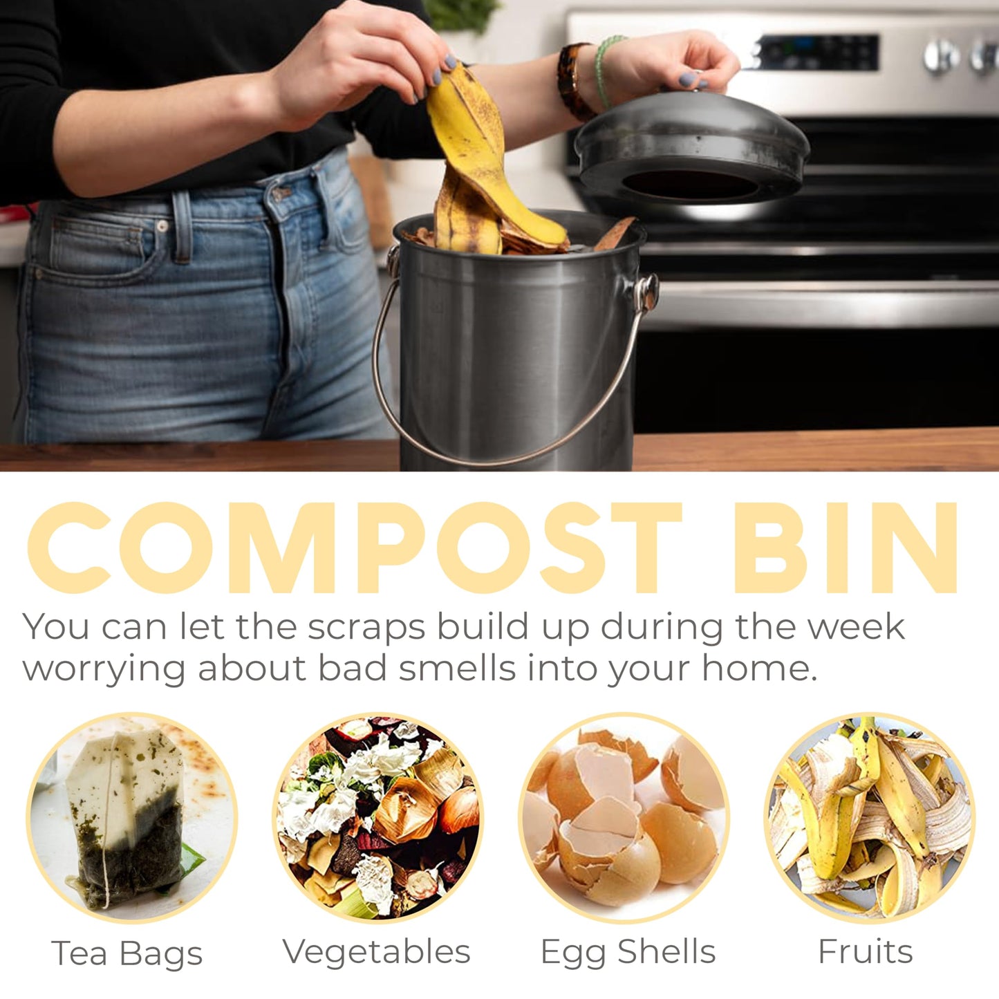 EPICA Countertop Compost Bin – 1.3 Gallon Stainless Steel, Toxin‑Free & Odorless