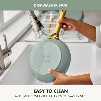 Person washing a green dish in a sink with text indicating dishwasher safety and ease of cleaning.