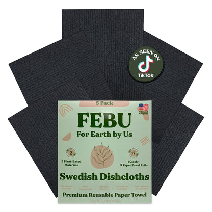 FEBU Swedish Dishcloths – 5 Pack Biodegradable Cotton‑Cellulose Cleaning Cloths