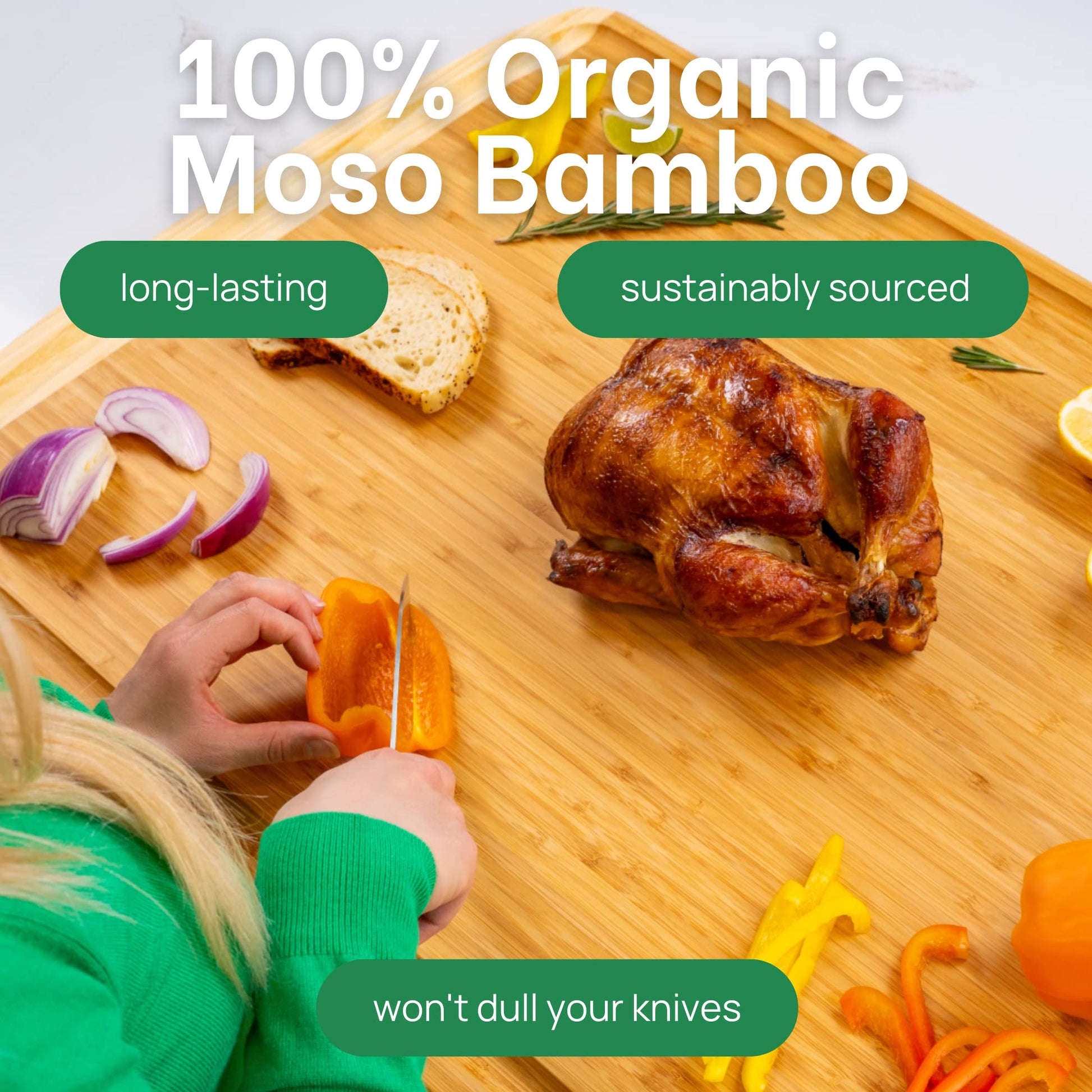 Person cutting vegetables on a bamboo cutting board with text about organic bamboo.