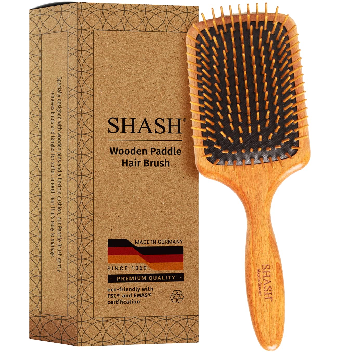 SHASH Made in Germany Wooden Paddle Brush: Eco-Sourced Wood