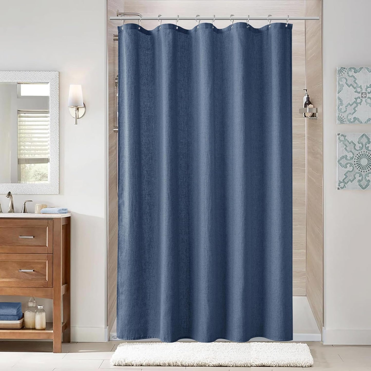 Naturoom Weighted Natural Flax Linen Shower Curtain Set