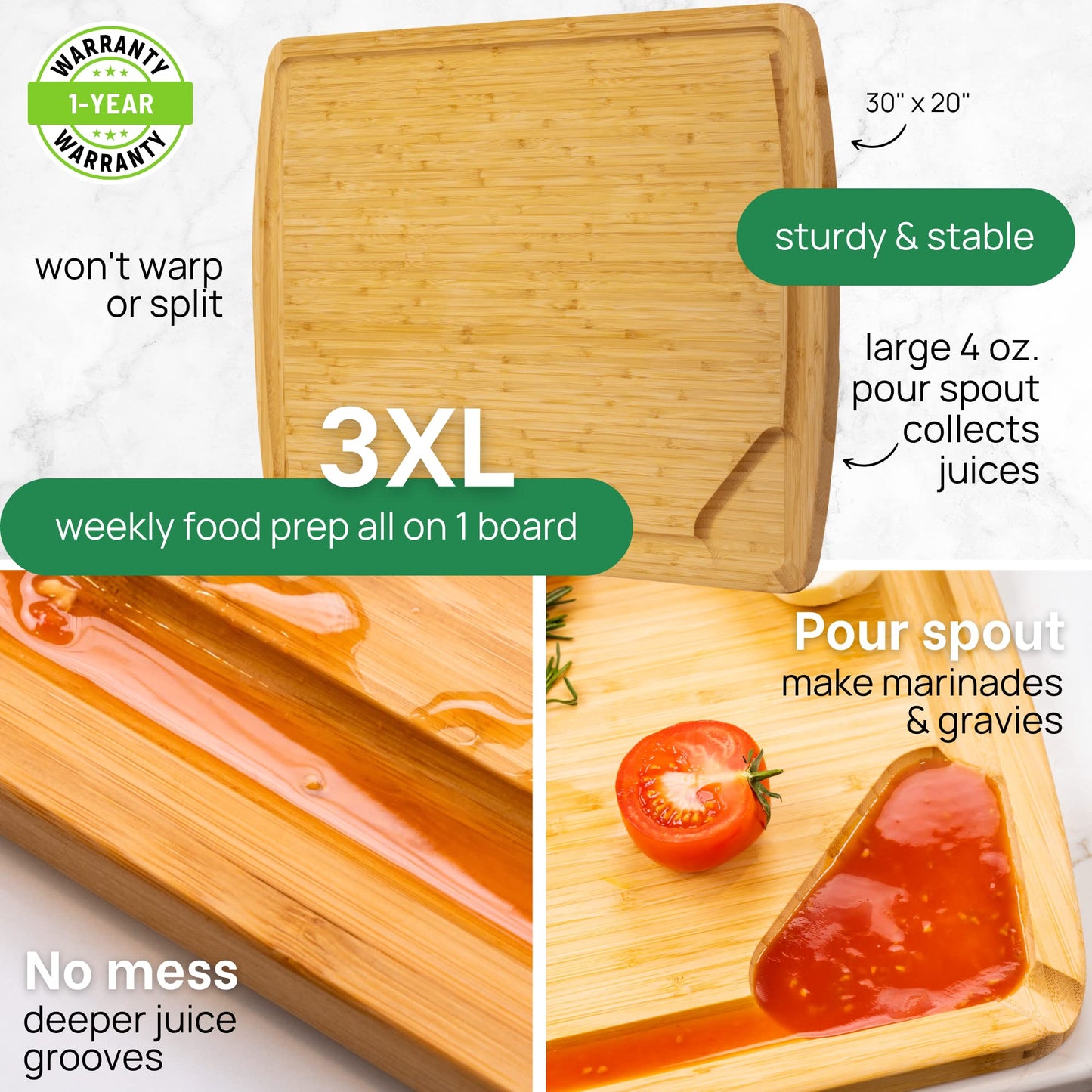 Bamboo cutting board with features highlighted on a white background