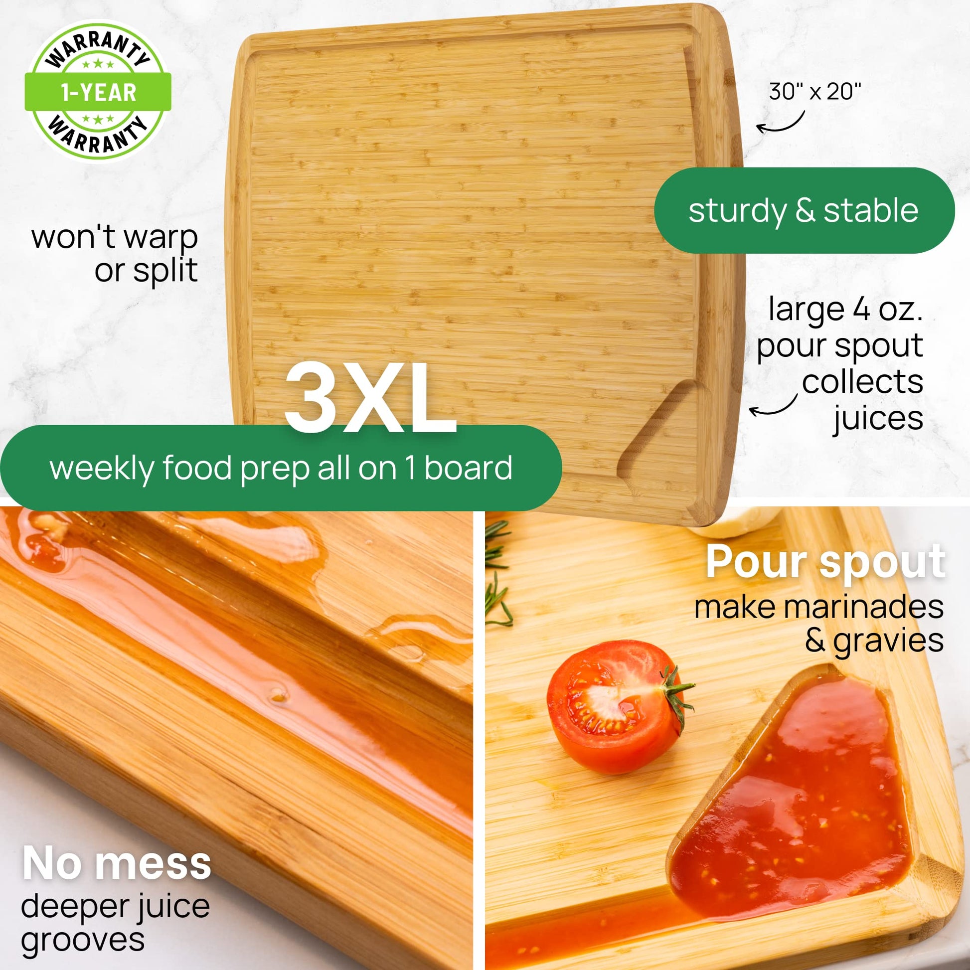 Bamboo cutting board with features highlighted on a white background