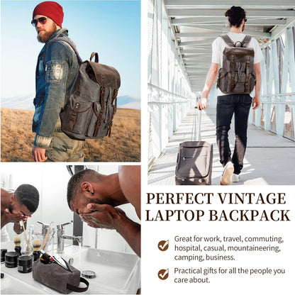 Wogarl Vintage Waxed Canvas & Genuine Crazy Horse Leather Backpack
