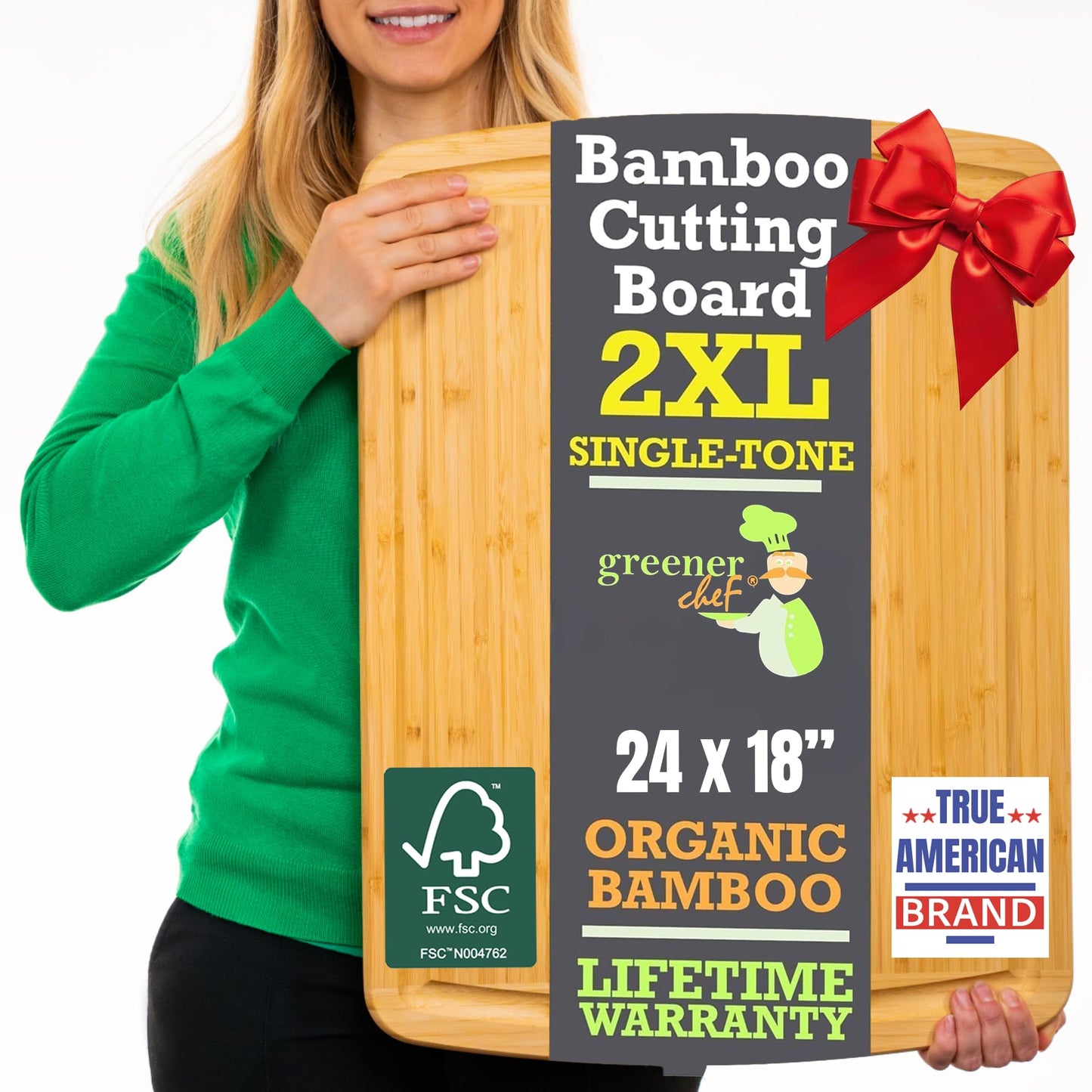 Person holding a large bamboo cutting board with promotional text and logos.