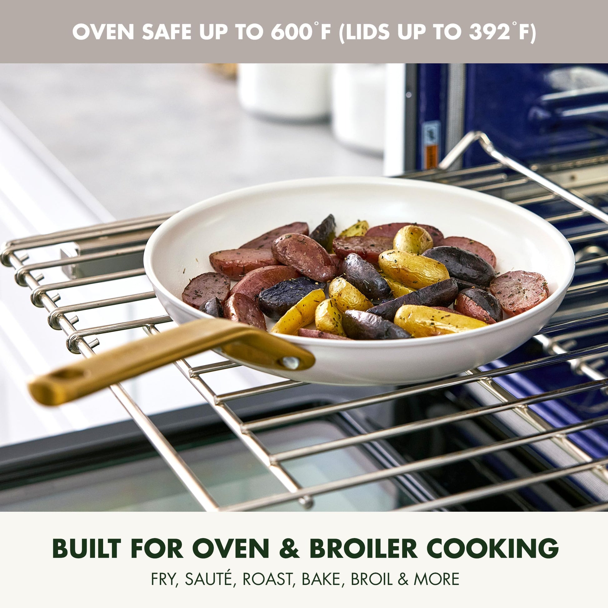 White frying pan with sausages and potatoes on an oven rack, with text about oven safety and uses.