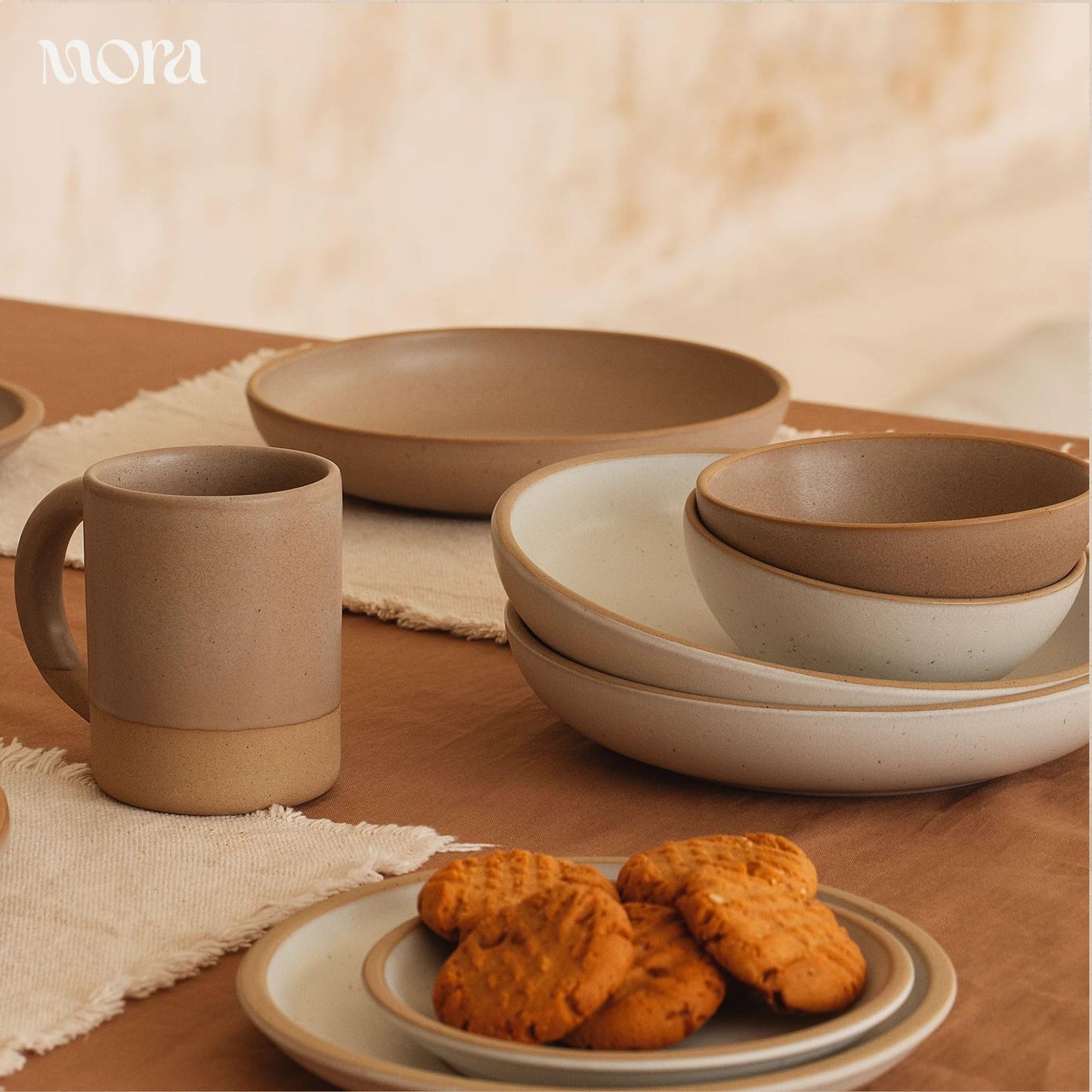 Mora Medium Ceramic Bowls, Set of 4 (28 oz, Oat)