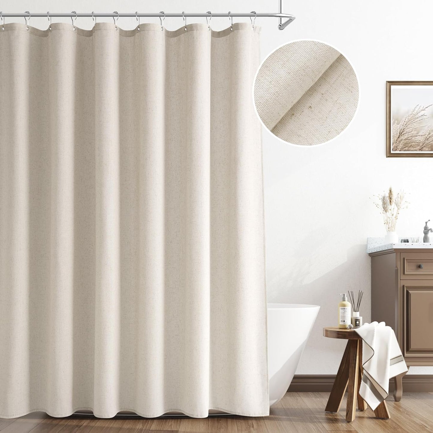 Naturoom Weighted Natural Flax Linen Shower Curtain Set