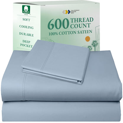 California Design Den 100% Cotton Sateen Sheets: 600 TC Luxury Set