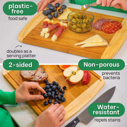 Wooden cutting board with food items and text highlighting features like 'plastic-free', 'food safe', '2-sided', 'non-porous', 'water-resistant'.