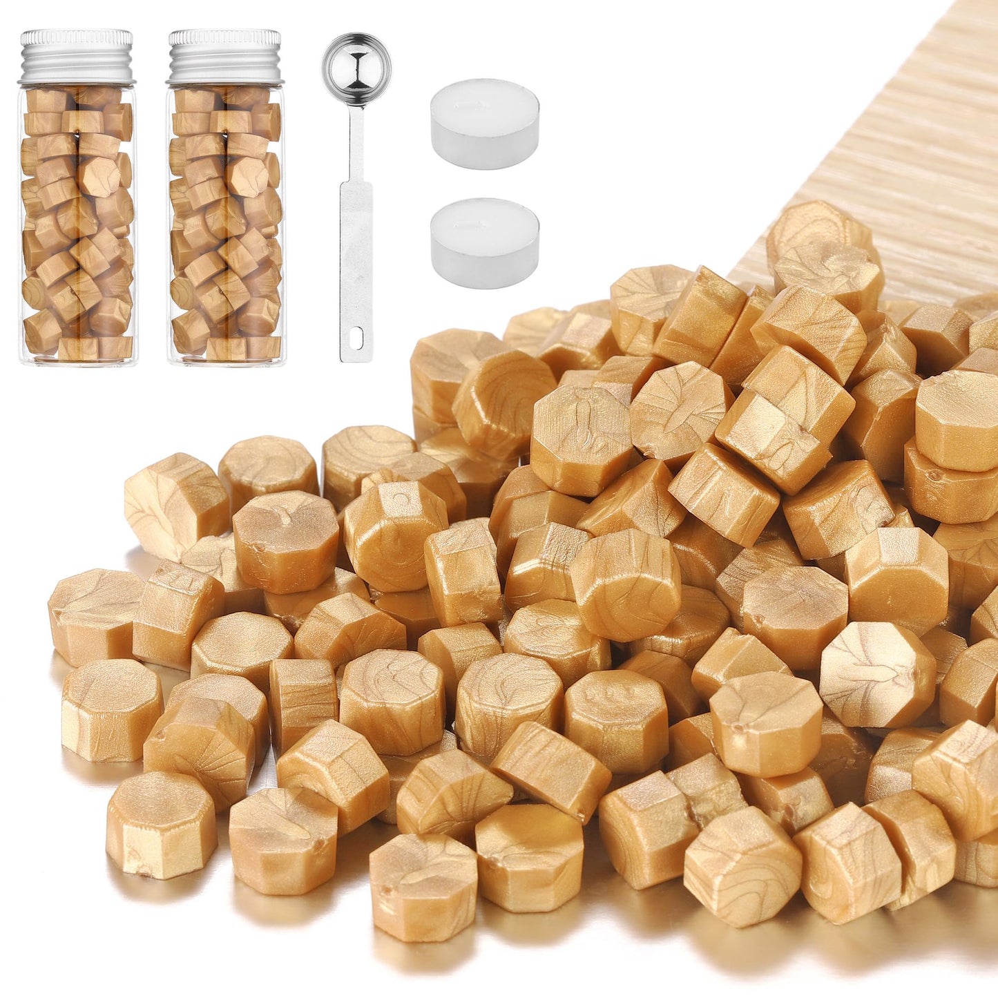 Sealing Wax Beads Kit: 150 Pcs with Permanent Metal Spoon & Reusable Glass Storage Bottles for Zero-Waste Wedding Invitations and Gift Wrap