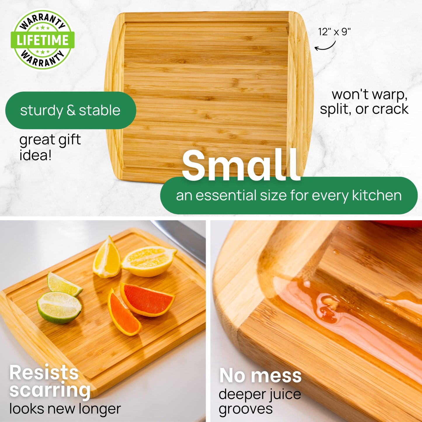 Wooden cutting board with text highlighting features on a white background
