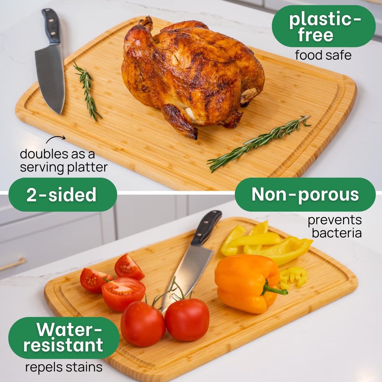 Wooden cutting board with a roasted chicken and vegetables, featuring text on its properties.