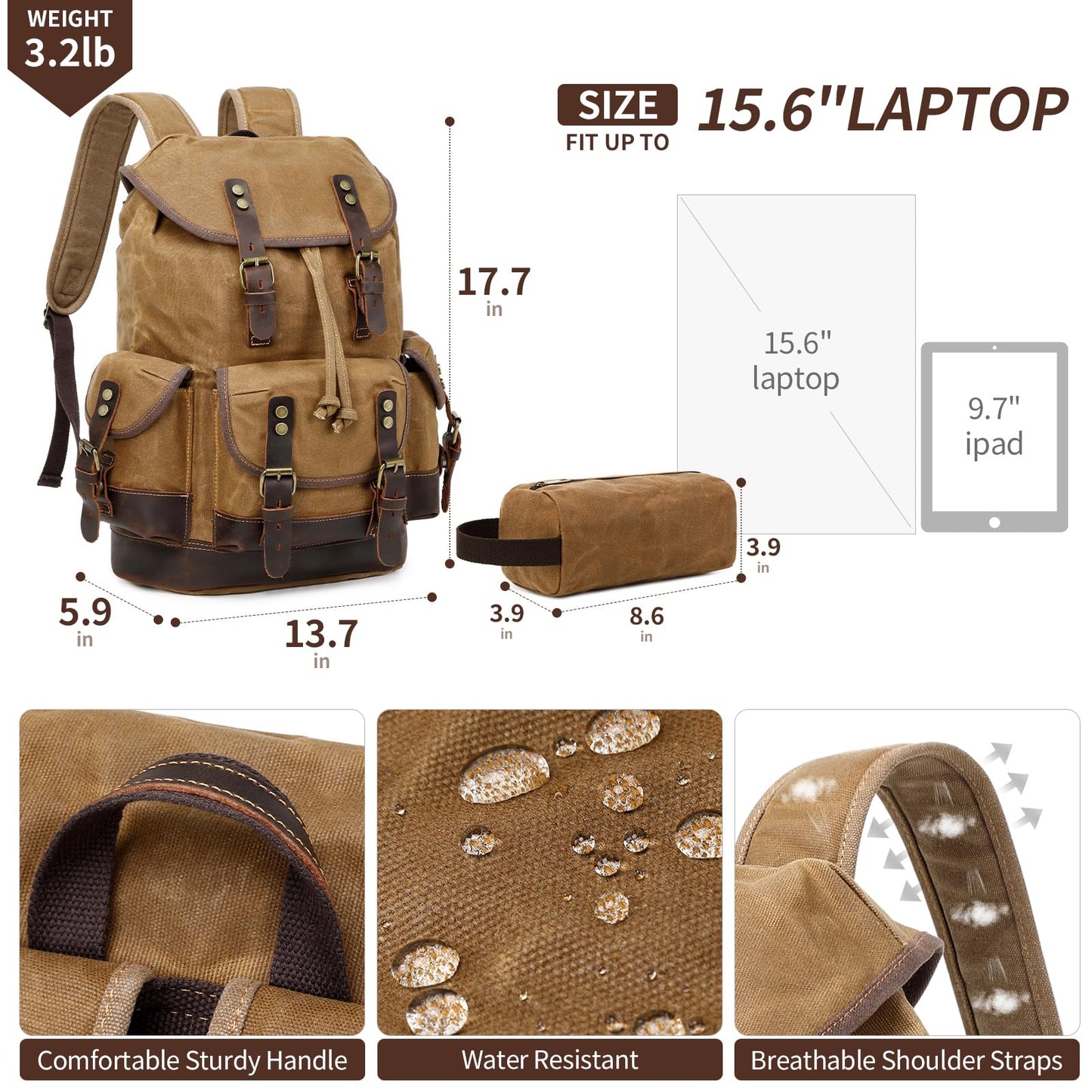 Wogarl Vintage Waxed Canvas & Genuine Crazy Horse Leather Backpack