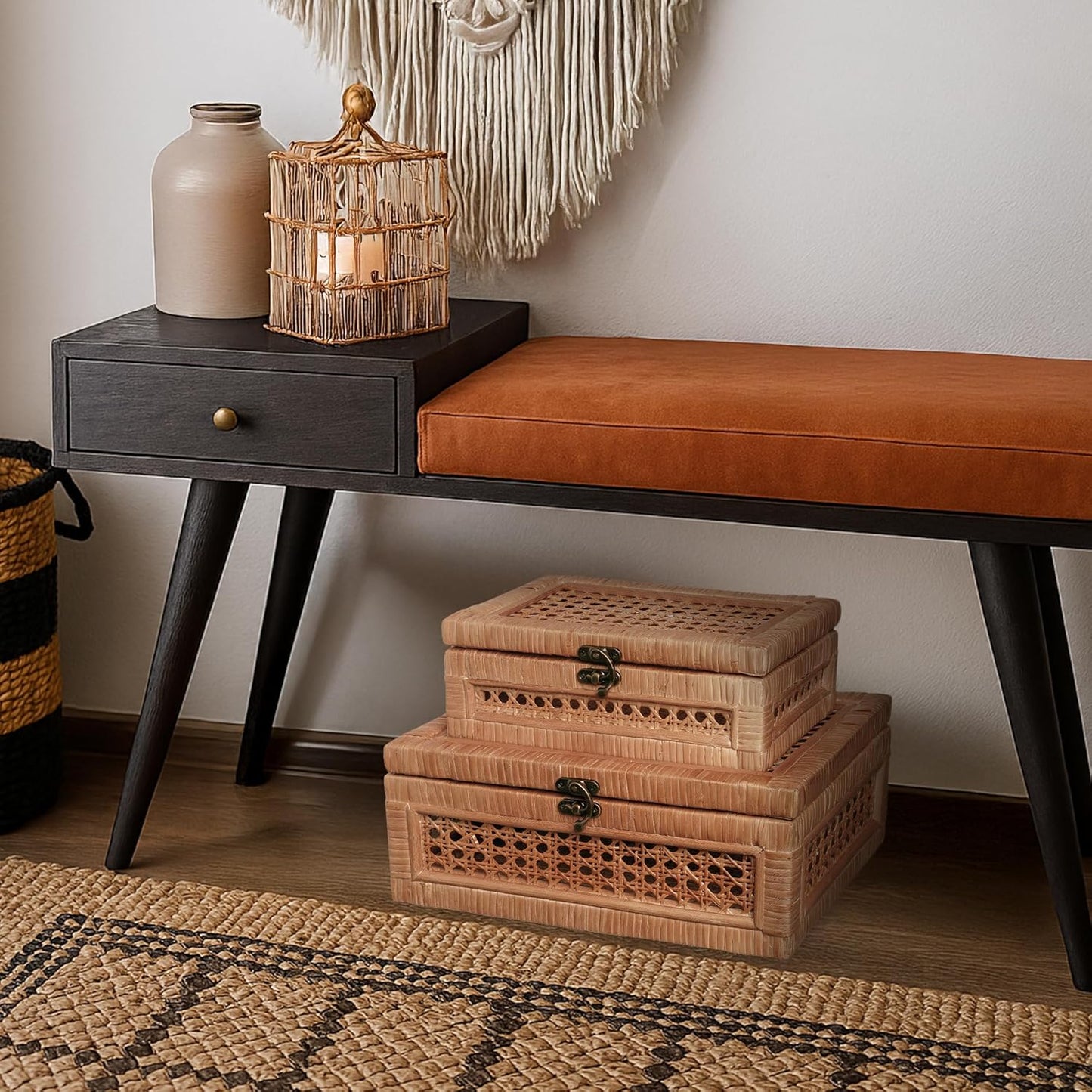 CASALLURA Handcrafted Rattan Storage Box Set with Hinged Lids