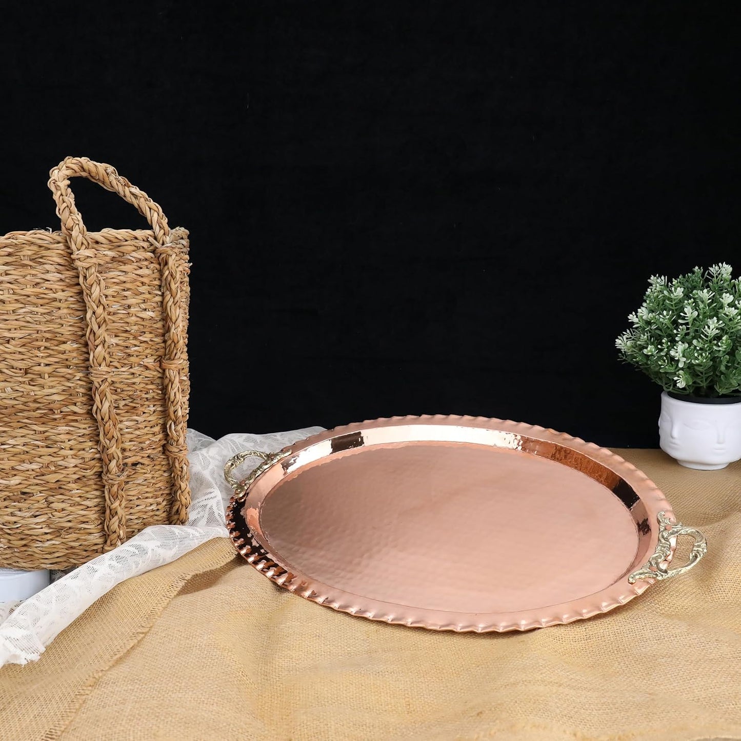 Hammered Pure Copper Tray: Handcrafted, Durable Metal, Zero-Plastic for Serving Beverages and Coffee