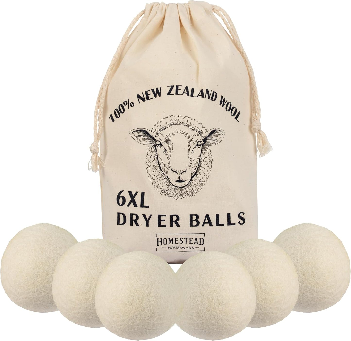 Homestead Houseware XL Organic New Zealand Wool Dryer Balls (6-Pack)