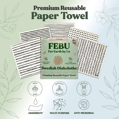 FEBU Swedish Dishcloths – 5 Pack Biodegradable Cotton‑Cellulose Cleaning Cloths