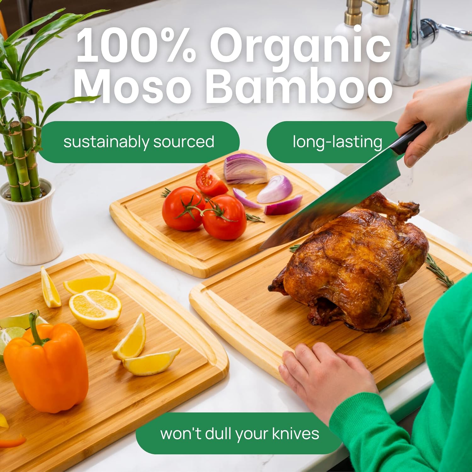 Person cutting a roasted chicken on a wooden cutting board with text about 100% organic Moso Bamboo.
