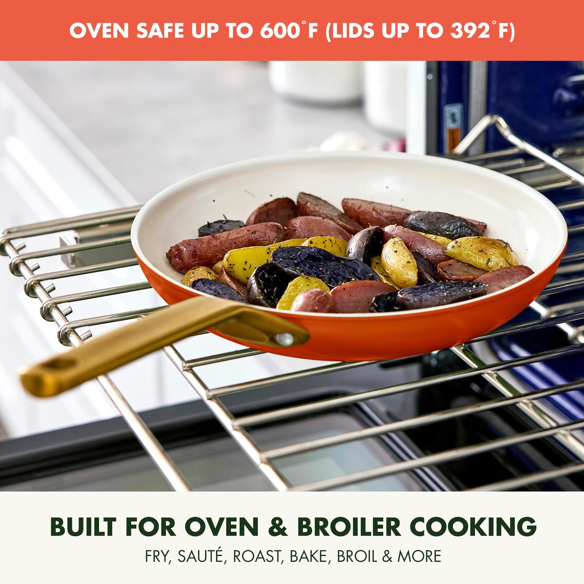 Orange frying pan with food on a kitchen rack, text about oven safety and uses.
