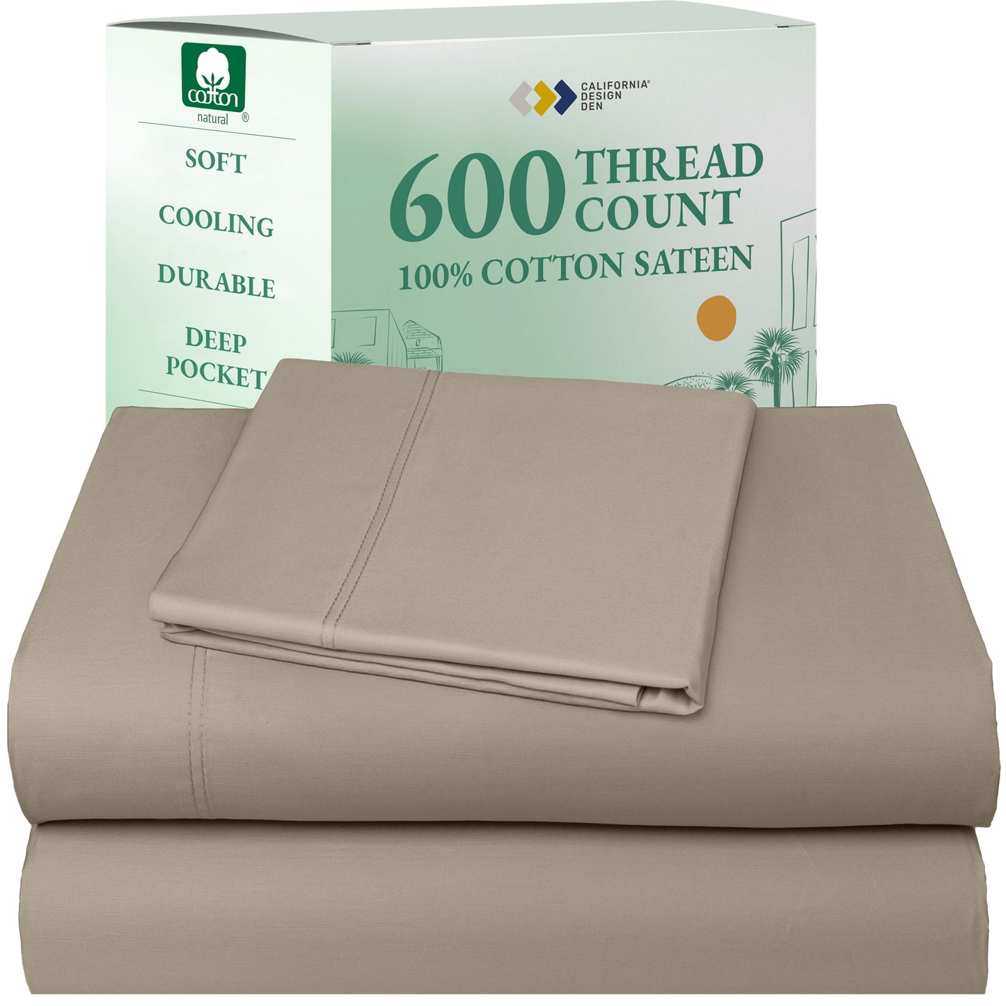 California Design Den 100% Cotton Sateen Sheets: 600 TC Luxury Set