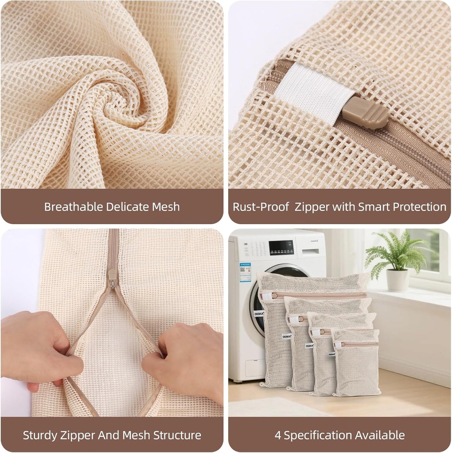 OKAKA 100% Pure Cotton Mesh Laundry Bags with Secure Zippers - Chemical-Free Garment Protection