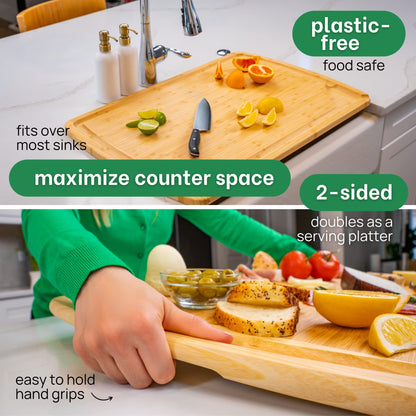 Wooden cutting board with knife and fruits, labeled 'plastic-free' and 'food safe'.