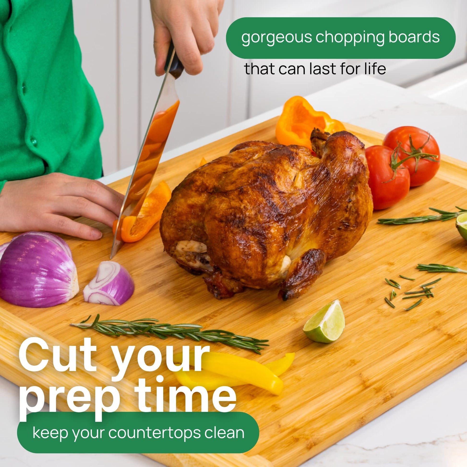 Person cutting a roasted chicken on a wooden chopping board with vegetables, promoting durable chopping boards.