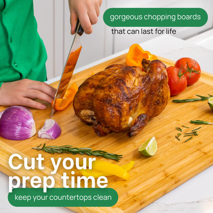 Person cutting a roasted chicken on a wooden chopping board with vegetables, promoting durable chopping boards.