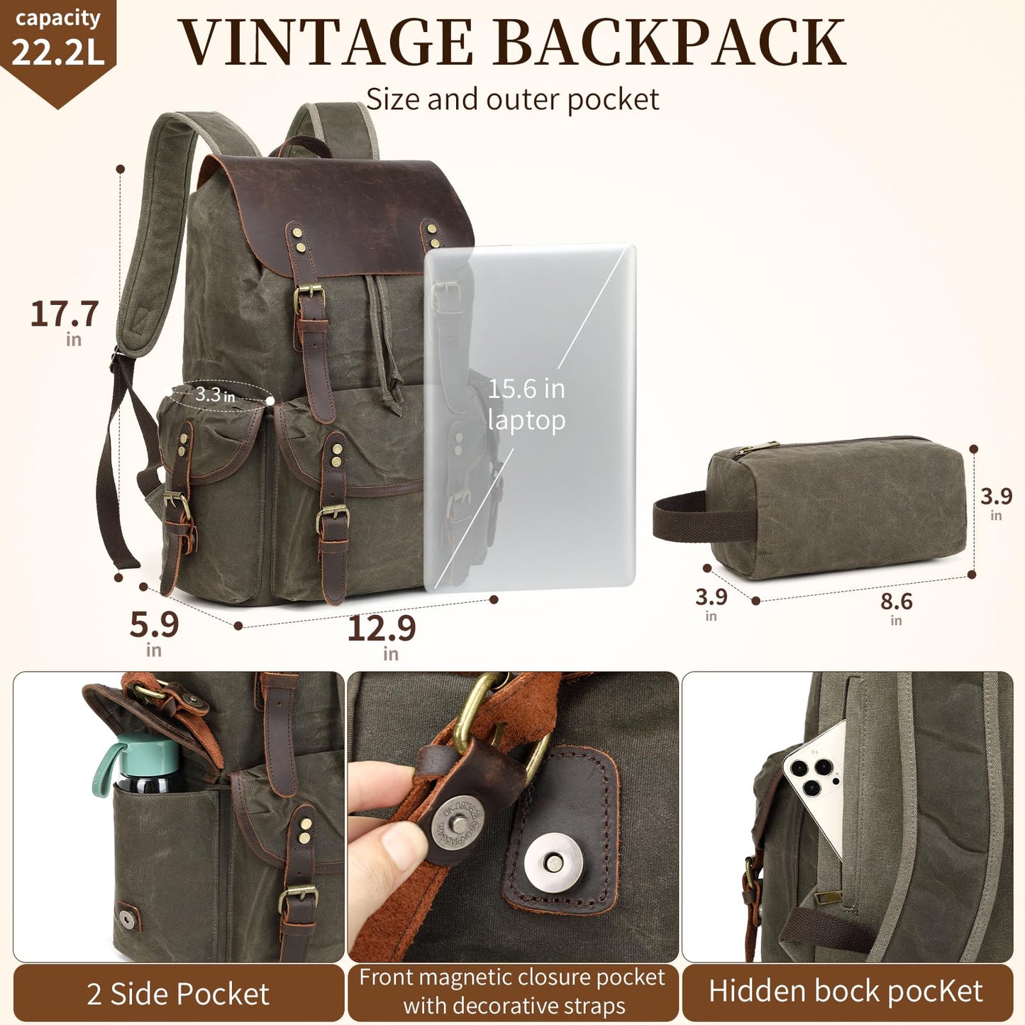 Wogarl Vintage Waxed Canvas & Genuine Crazy Horse Leather Backpack