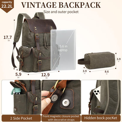 Wogarl Vintage Waxed Canvas & Genuine Crazy Horse Leather Backpack