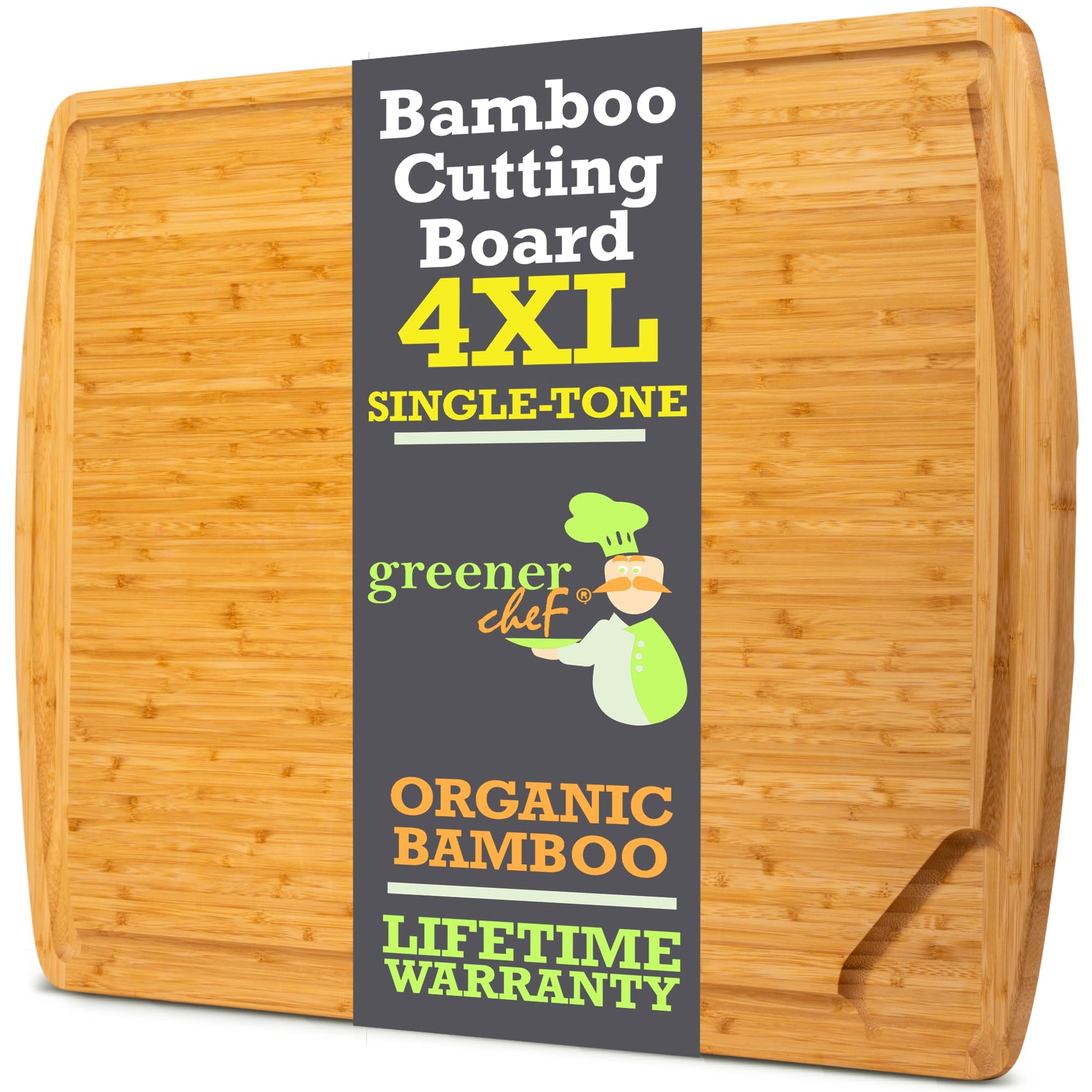 Bamboo cutting board with 'greener chef' label on a white background