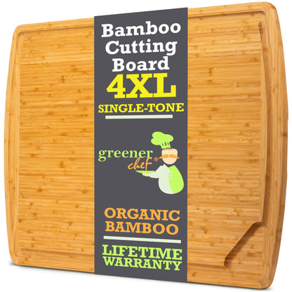 Bamboo cutting board with 'greener chef' label on a white background