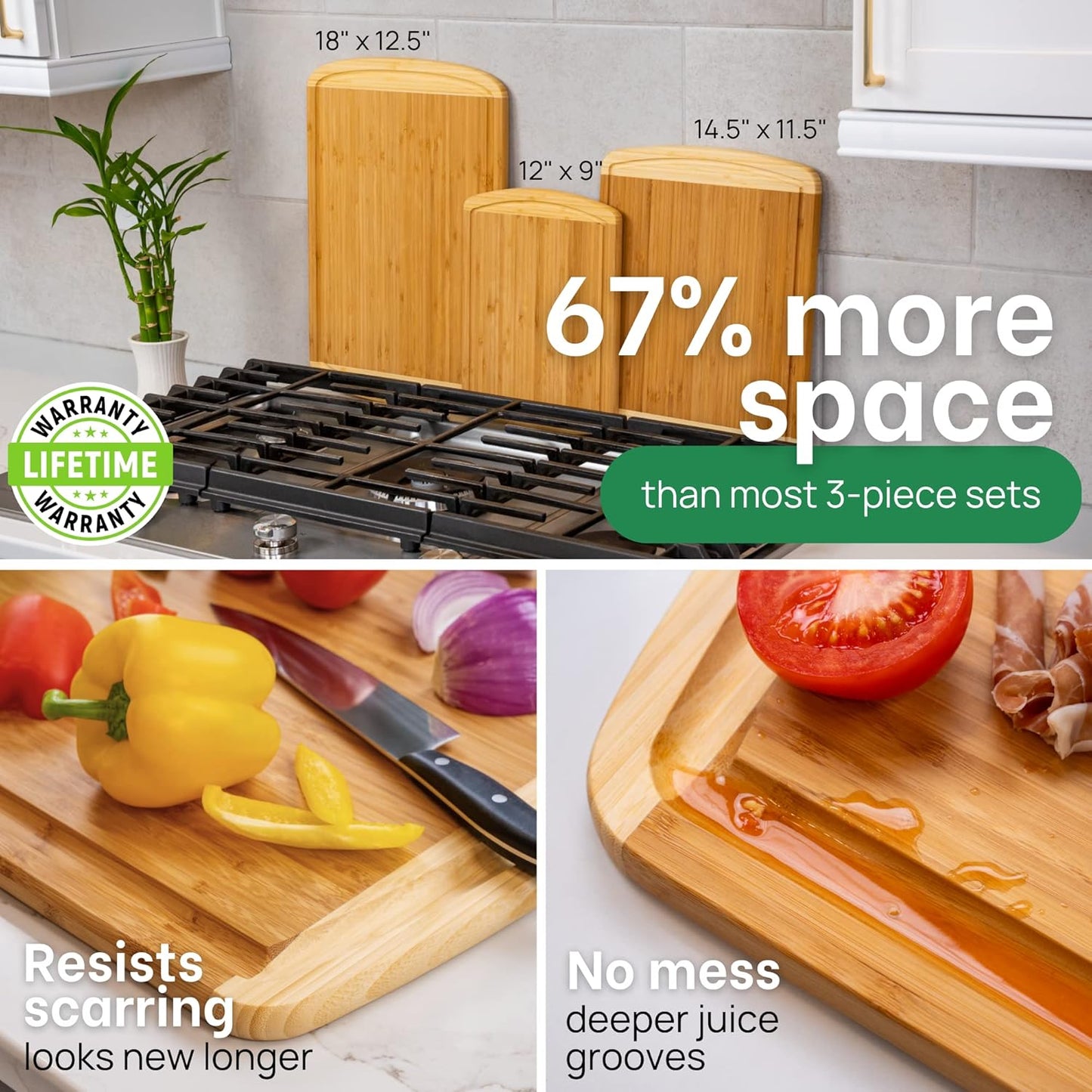 Greener Chef Organic Bamboo Board Set: 3-Piece Vertical Grain Collection.